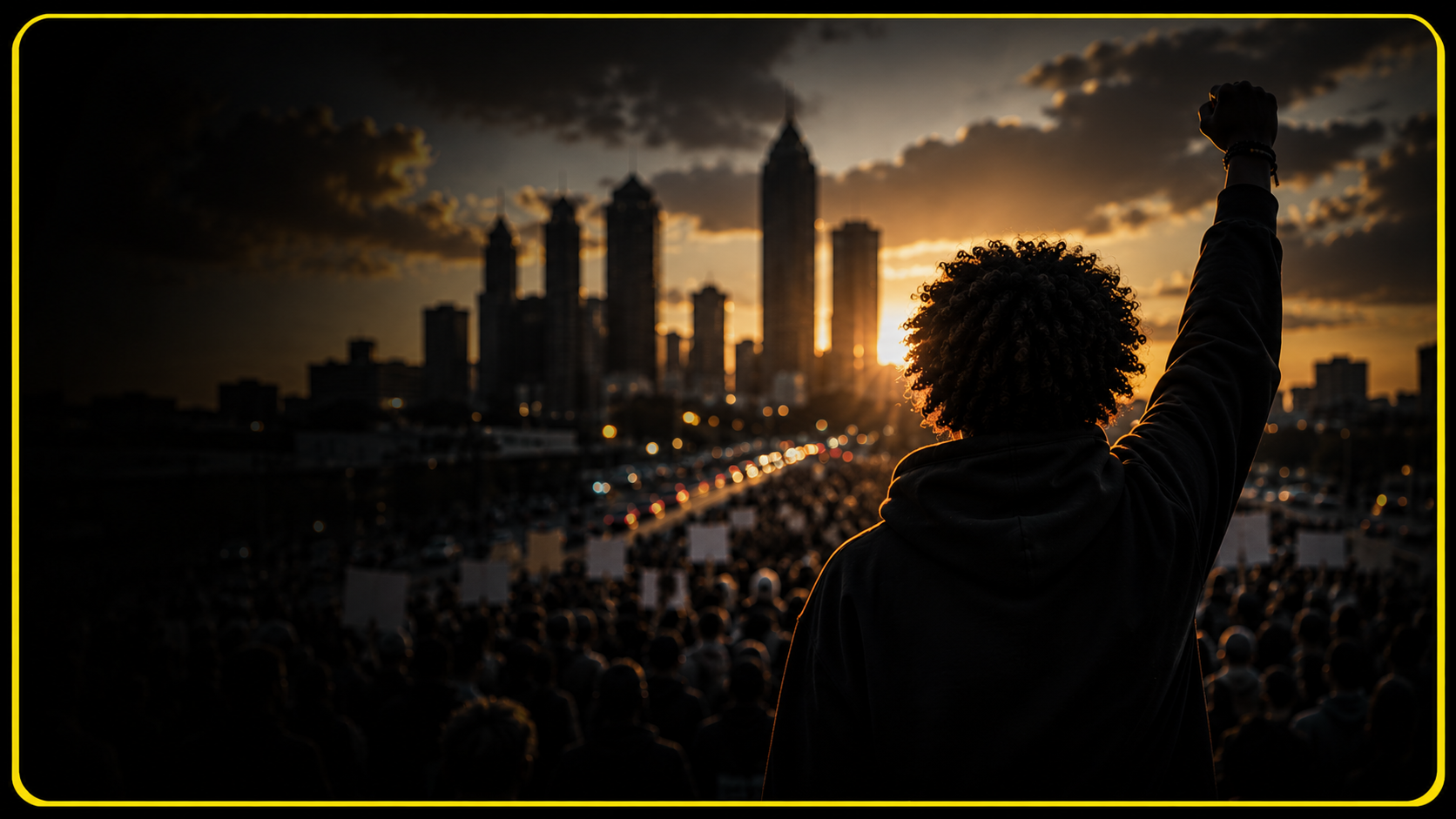 A raised fist above a crowd marching at sunset, with the Atlanta skyline behind them
